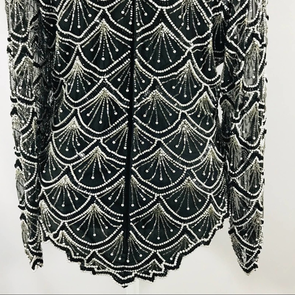 LAURENCE KAZAR VTG black white beaded top scallop designed sheer long sleeve M - Picture 12 of 14